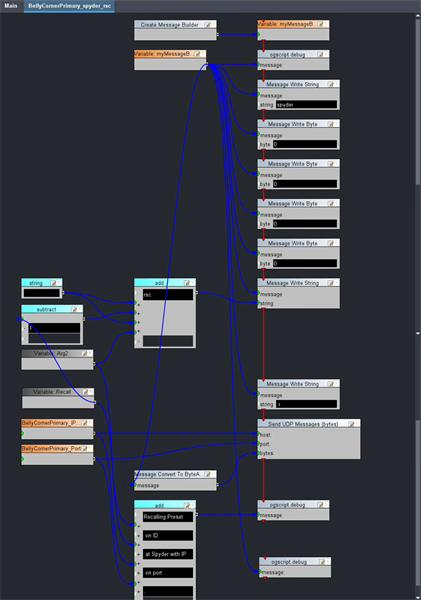 non-working visual logic-based custom function for controlling a Christie Spyder over UDP.
